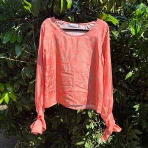 KOSHKA MASHKA peach pink orange geo print silk puff long sleeve silk blouse
